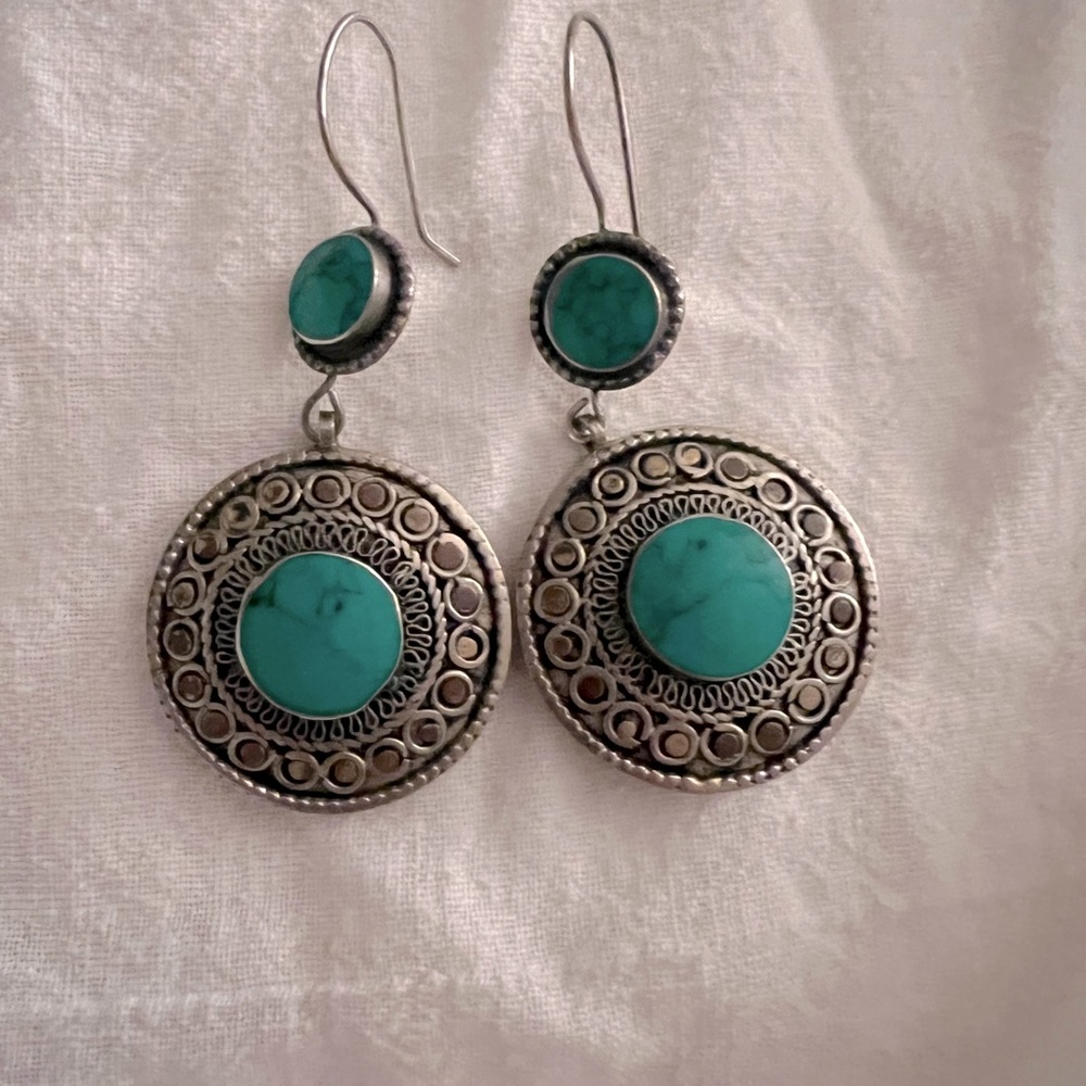Bali tribal Turquoise and Silver Brass Dangle Earrings